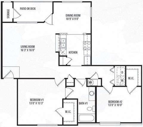 Floor plan for 2 beds, 1 bath, 1049 sqft
