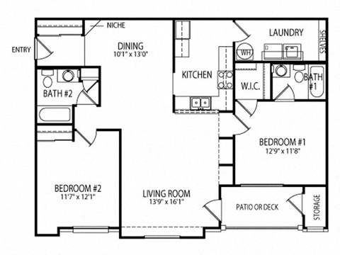 Floor plan for 2 beds, 2 baths, 1380 sqft