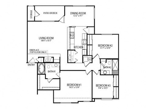 Floor plan for 3 beds, 2 baths, 1481 sqft
