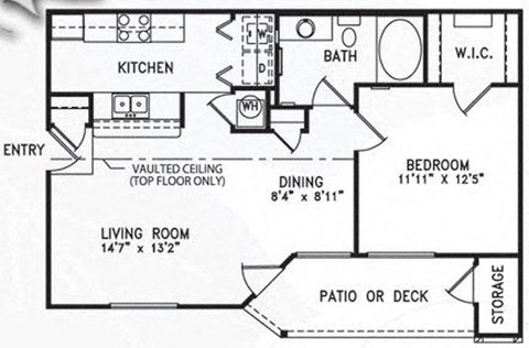 Floor plan for 1 bed, 1 bath, 940 sqft