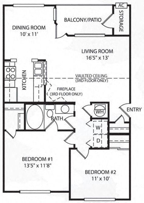 Floor plan for 2 beds, 1 bath, 880 sqft