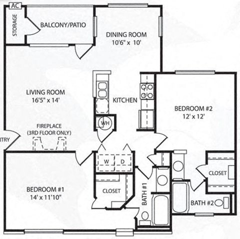 Floor plan for 2 beds, 2 baths, 1033 sqft