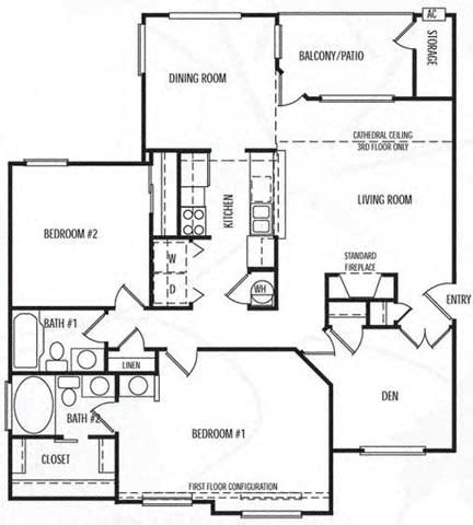 Floor plan for 3 beds, 2 baths, 1300 sqft