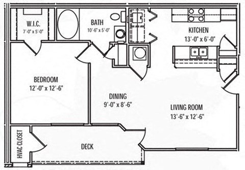 Floor plan for 1 bed, 1 bath, 890 sqft