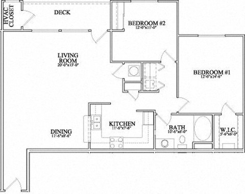 Floor plan for 2 beds, 1 bath, 1127 sqft