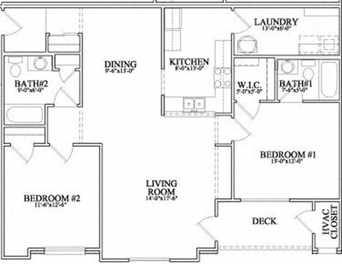Floor plan for 2 beds, 2 baths, 1257 sqft