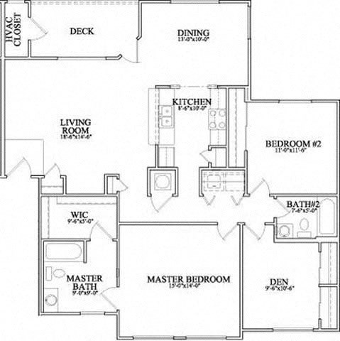 Floor plan for 3 beds, 2 baths, 1397 sqft