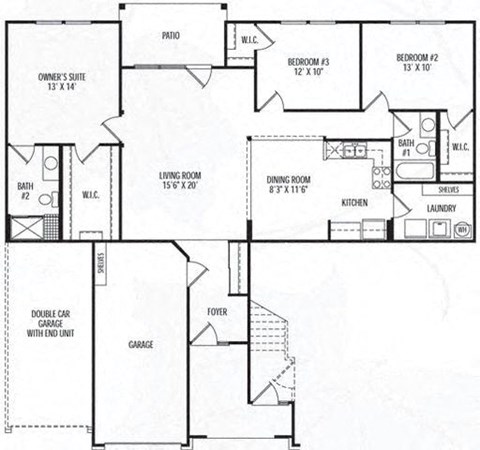Floor plan for 3 beds, 2 baths, 1500 sqft