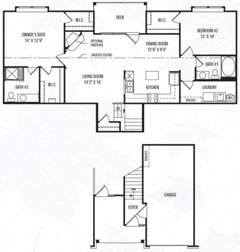 Floor plan for 2 beds, 2 baths, 1345 sqft