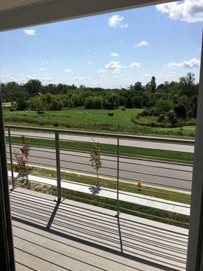 Union apartment for rent - A view from a balcony looking out at a road and greenery.