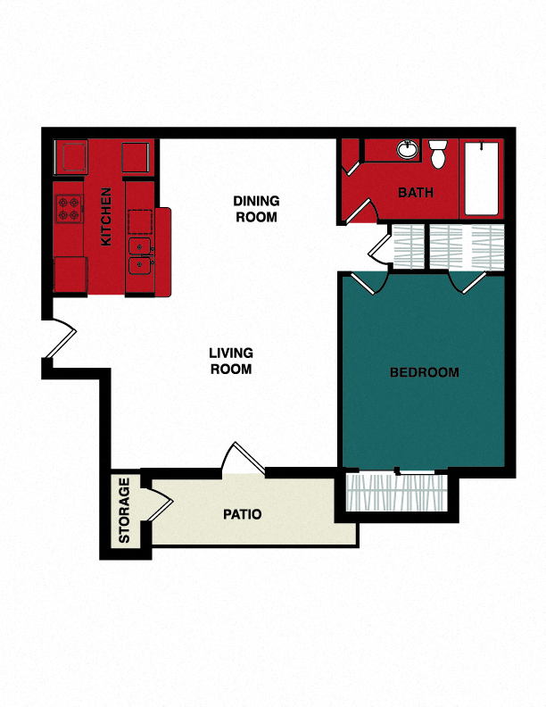 Floor plan for 1 bed, 1 bath, 658 sqft