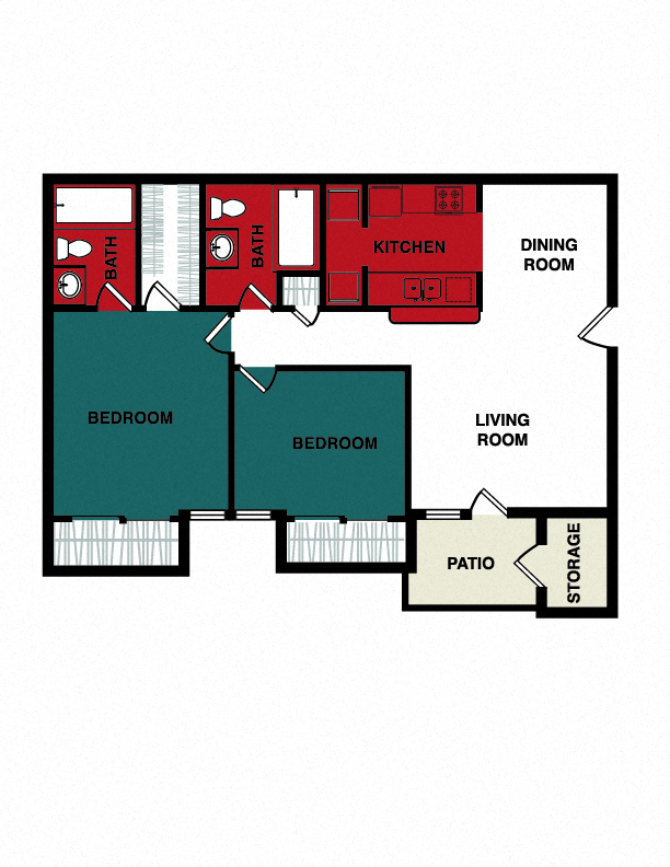 Floor plan for 2 beds, 2 baths, 915 sqft