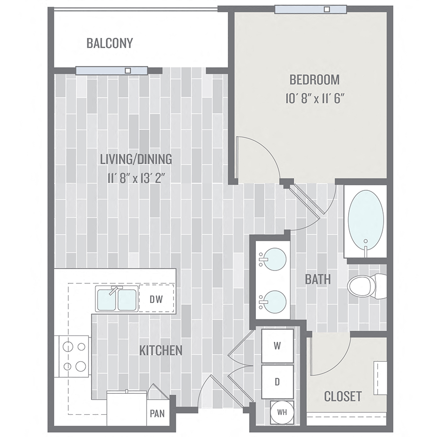 Floor plan for 1 bed, 1 bath, 691 sqft