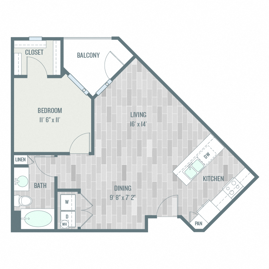 Floor plan for 1 bed, 1 bath, 749 sqft