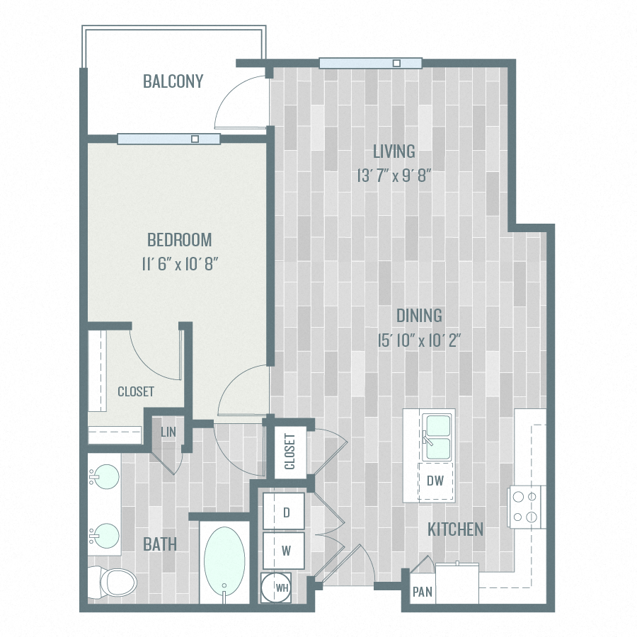 Floor plan for 1 bed, 1 bath, 818 sqft