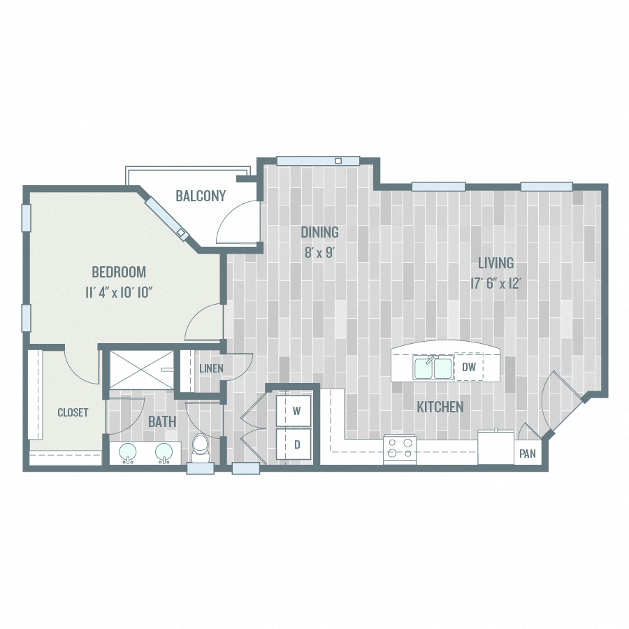Floor plan for 1 bed, 1 bath, 880 sqft