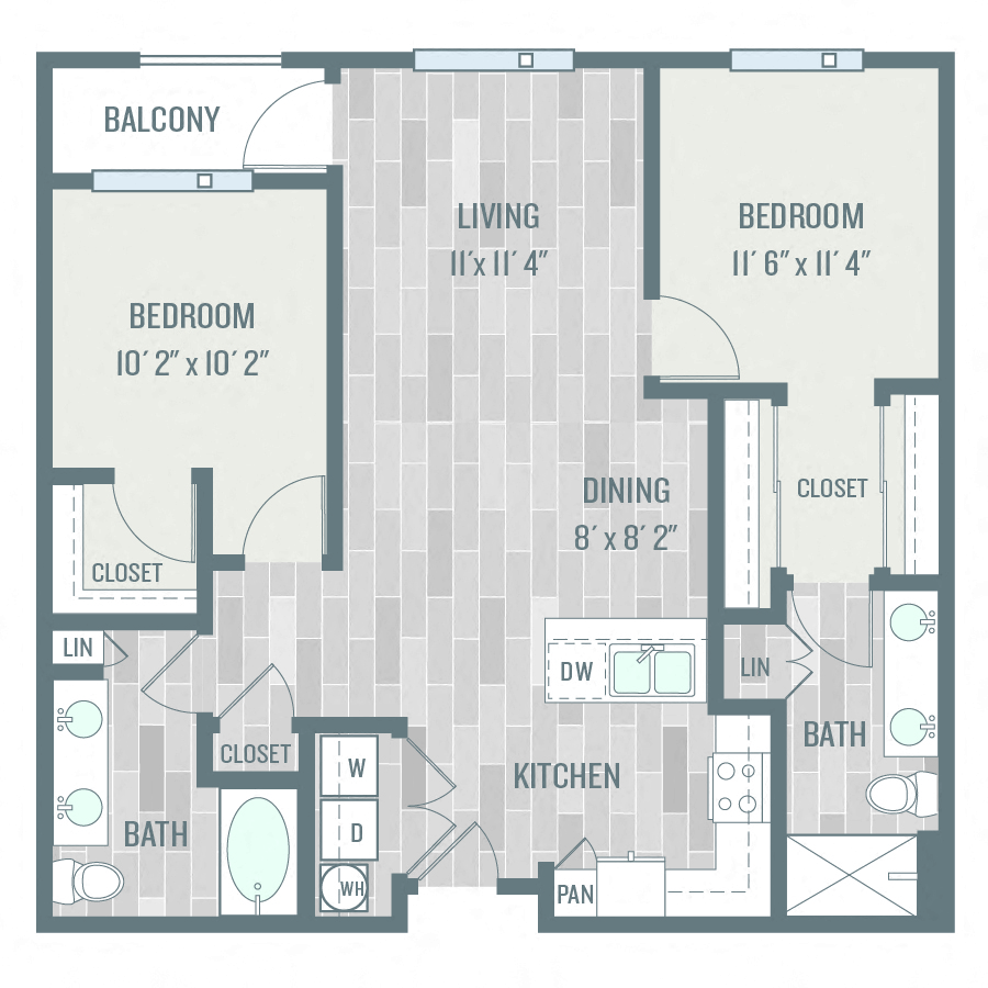 Floor plan for 2 beds, 2 baths, 1063 sqft