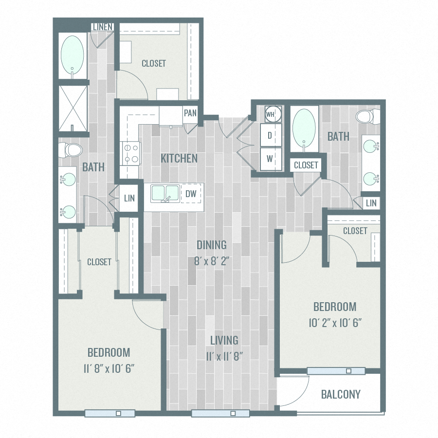 Floor plan for 2 beds, 2 baths, 1169 sqft
