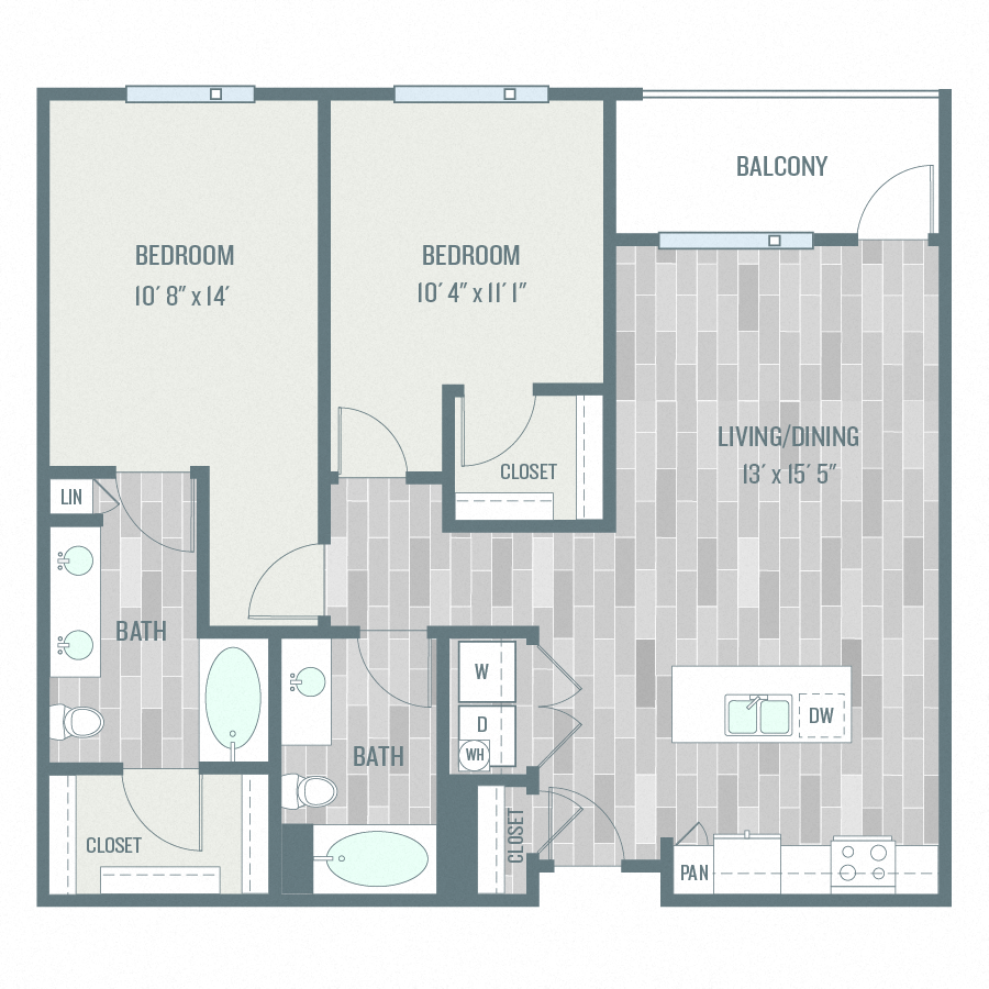 Floor plan for 2 beds, 2 baths, 1071 sqft