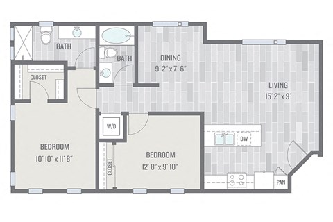 Floor plan for 2 beds, 2 baths, 956 sqft