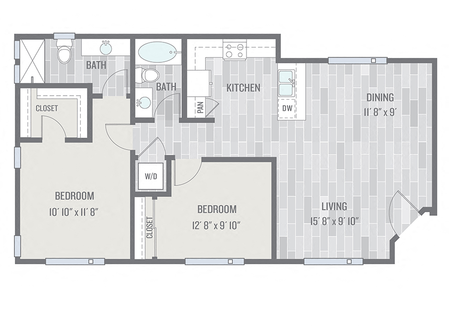 Floor plan for 2 beds, 2 baths, 956 sqft