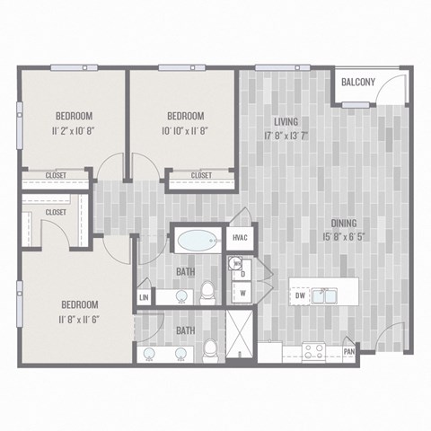 Floor plan for 3 beds, 2 baths, 1310 sqft