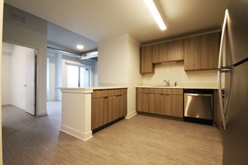 Chicago apartment for rent - an empty kitchen with wooden cabinets and stainless steel appliances