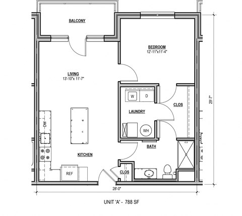 Floor plan for 1 bed, 1 bath, 790 sqft