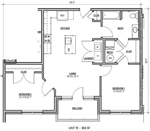 Floor plan for 2 beds, 1 bath, 968 sqft