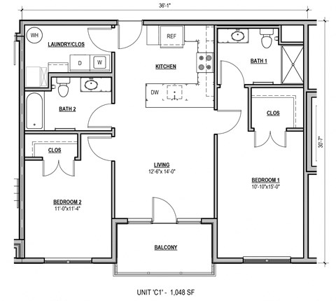 Floor plan for 2 beds, 2 baths, 1048 sqft