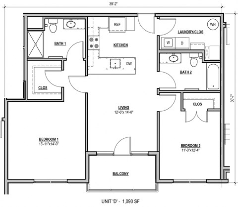 Floor plan for 2 beds, 2 baths, 1090 sqft
