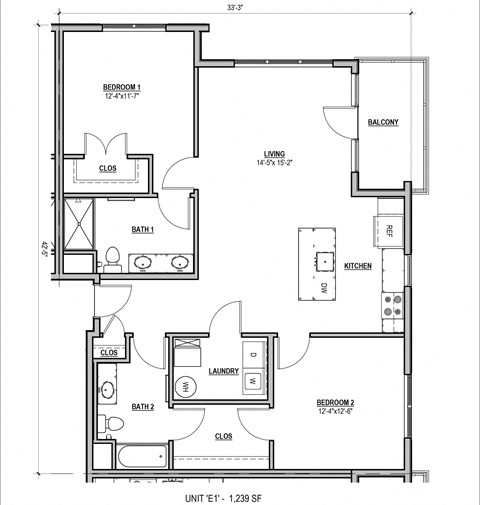 Floor plan for 2 beds, 2 baths, 1239 sqft