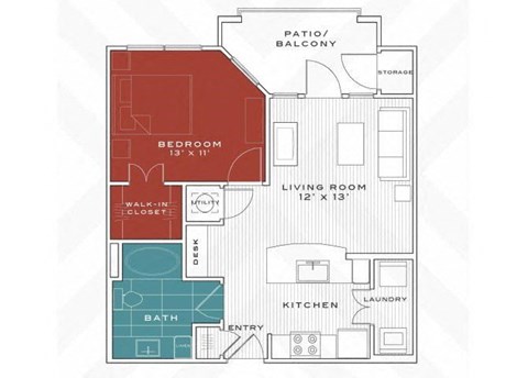 Floor plan for 1 bed, 1 bath, 625 sqft
