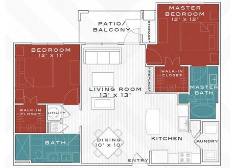 Floor plan for 2 beds, 2 baths, 1072 sqft