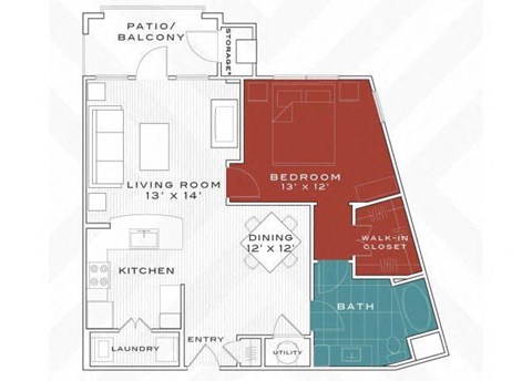 Floor plan for 1 bed, 1 bath, 875 sqft