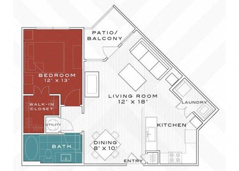 Floor plan for 1 bed, 1 bath, 769 sqft