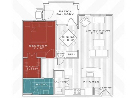 Floor plan for 1 bed, 1 bath, 823 sqft