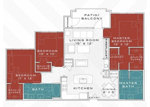 Floor plan for 3 beds, 2 baths, 1398 sqft
