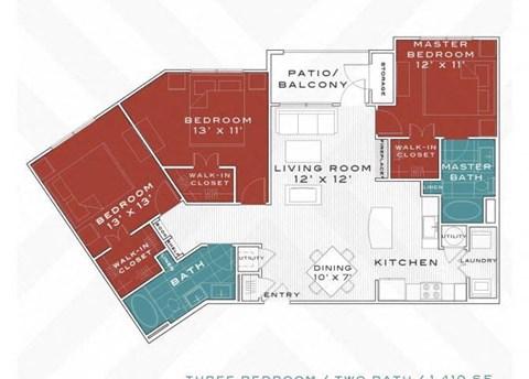Floor plan for 3 beds, 2 baths, 1410 sqft