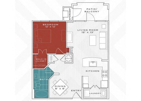 Floor plan for 1 bed, 1 bath, 770 sqft