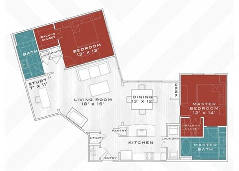 Floor plan for 2 beds, 2 baths, 1403 sqft
