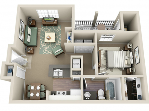Floor plan for 1 bed, 1 bath, 704 sqft