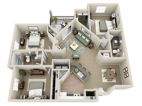 Floor plan for 3 beds, 2 baths, 1273 sqft