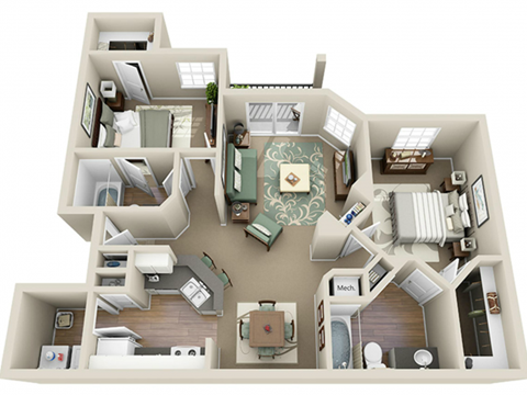 Floor plan for 2 beds, 2 baths, 1091 sqft