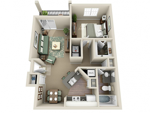 Floor plan for 1 bed, 1 bath, 777 sqft