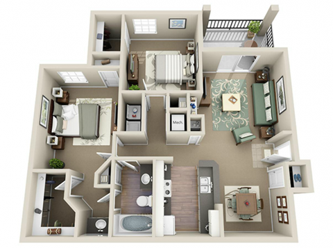 Floor plan for 2 beds, 1 bath, 1045 sqft