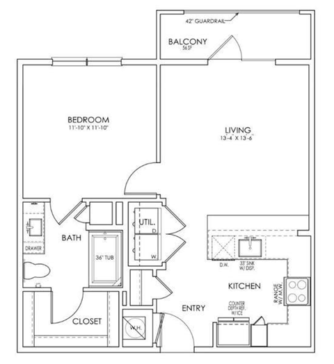 Floor plan for 1 bed, 1 bath, 684 sqft