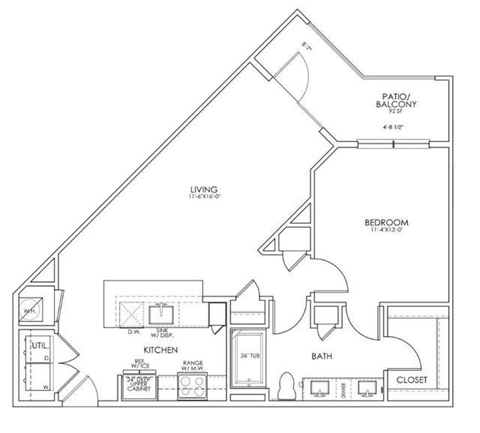 Floor plan for 1 bed, 1 bath, 771 sqft