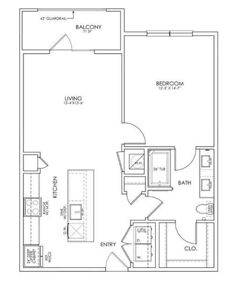 Floor plan for 1 bed, 1 bath, 816 sqft