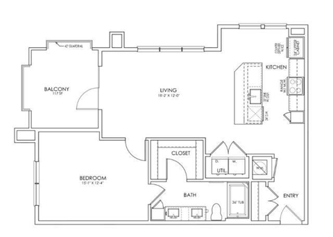 Floor plan for 1 bed, 1 bath, 782 sqft